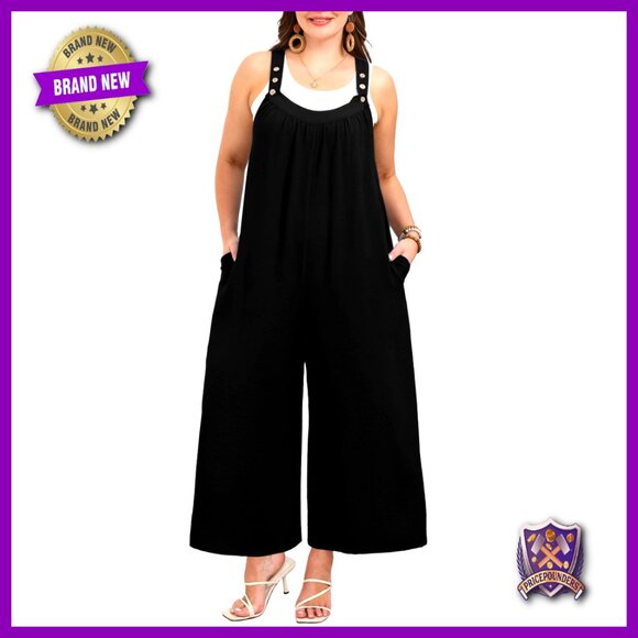 Plus Size Reversible Jumpsuit Wide Leg Romper Adjustable Straps Pockets